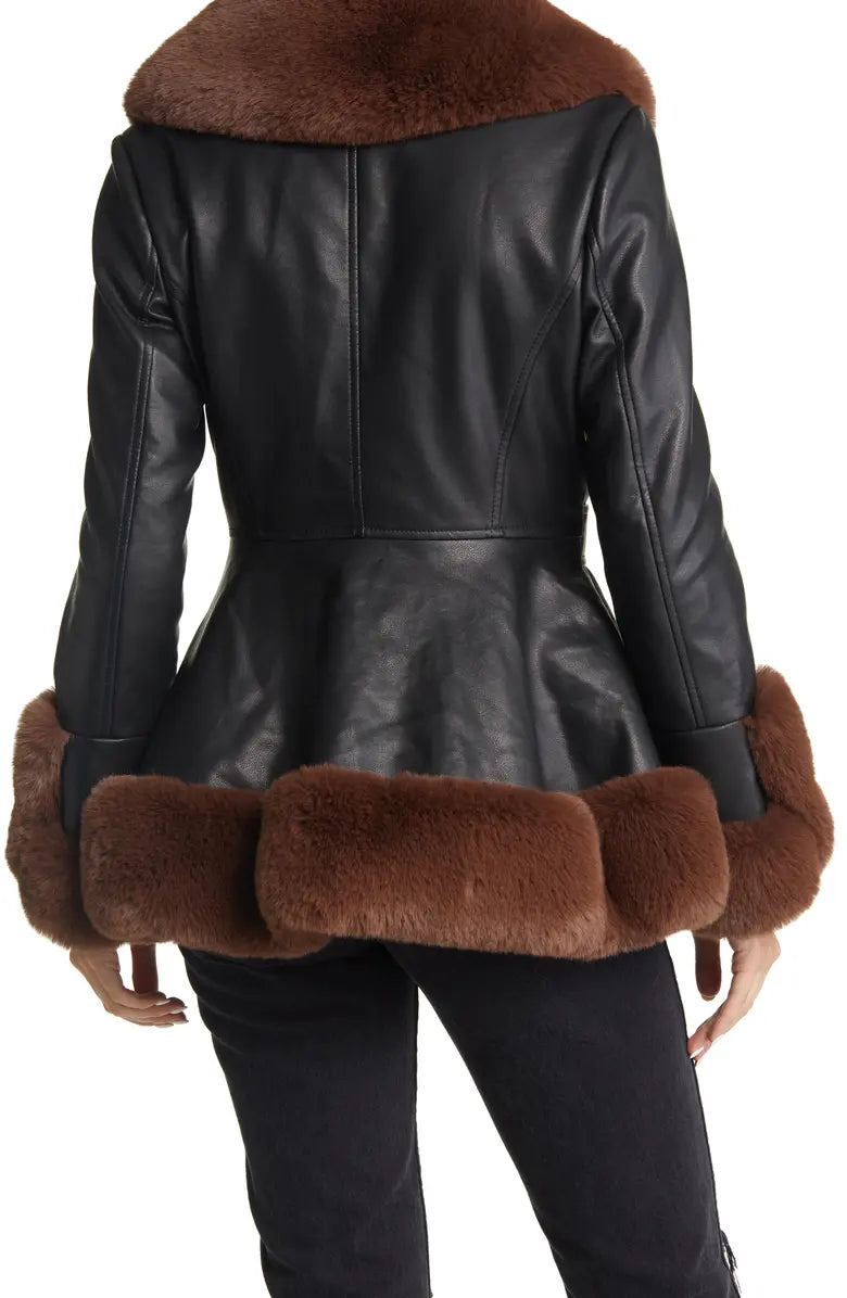 Clearance Sale*KENZY FUR TRIM PEPLUM MOTO IN BLACK BROWN