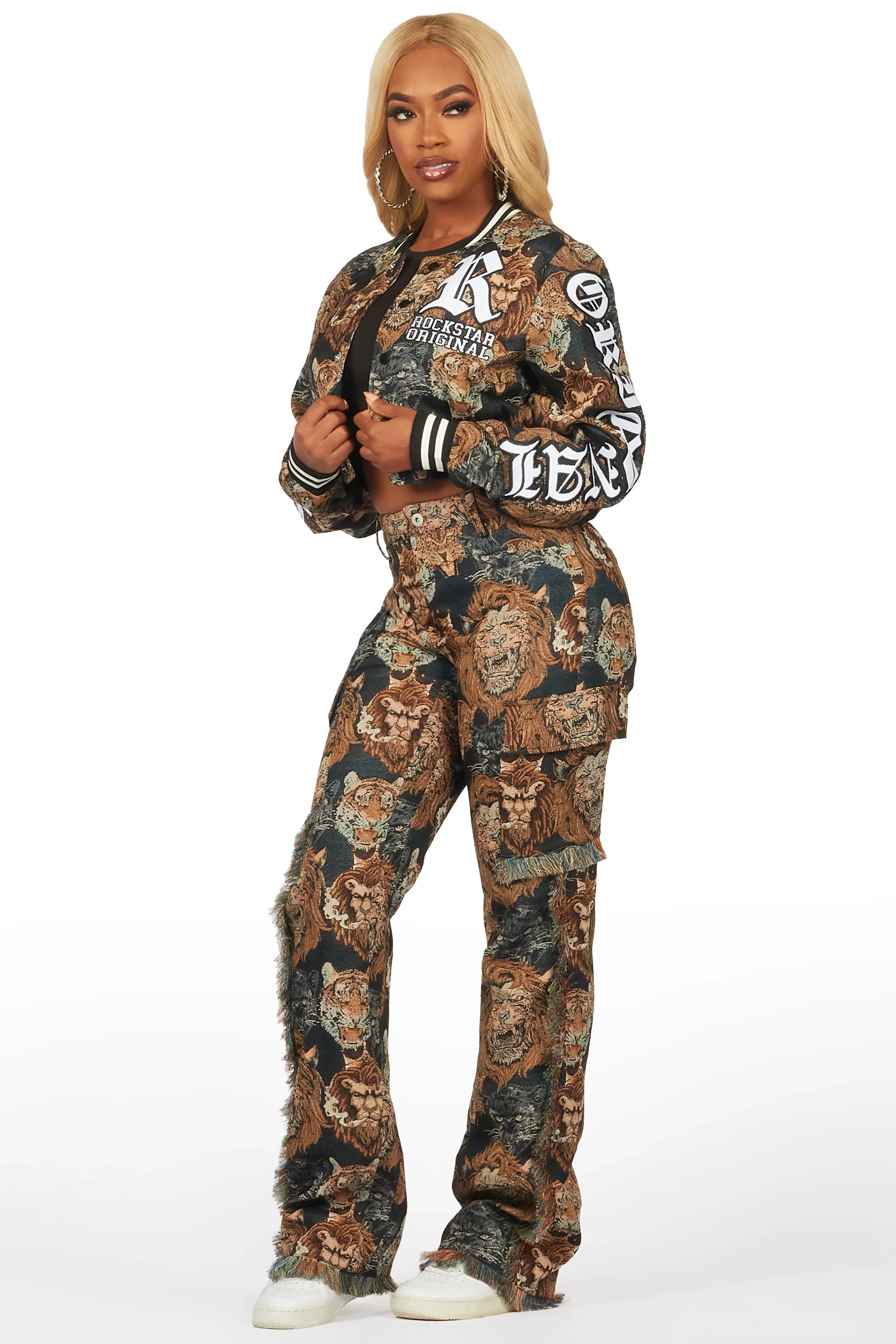 Khadiyah Black Crop Tapestry Varsity Jacket