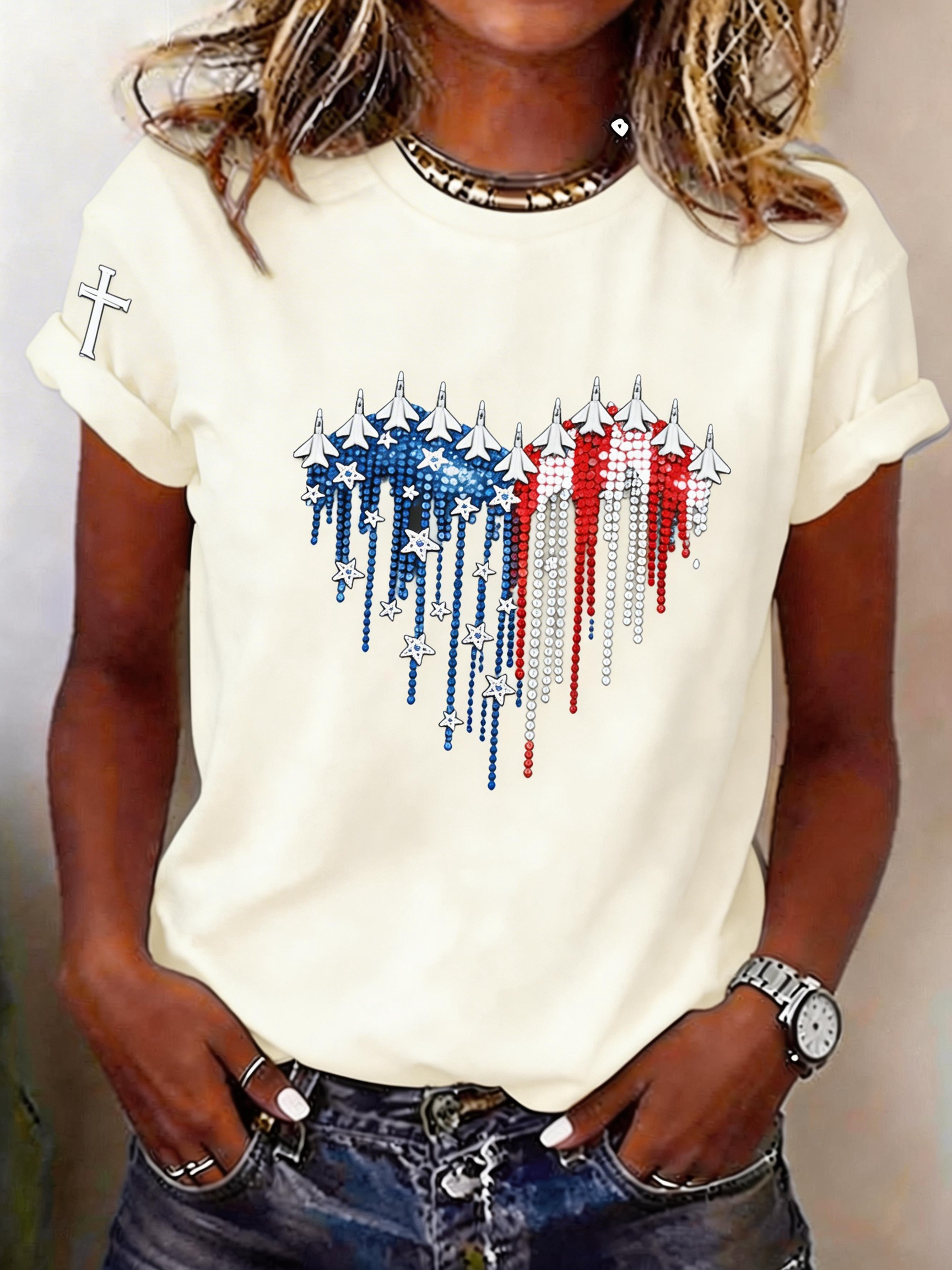 Women's Patriotic Faith & Freedom Heart Graphic Tee - Jet Fighter USA Flag Shirt