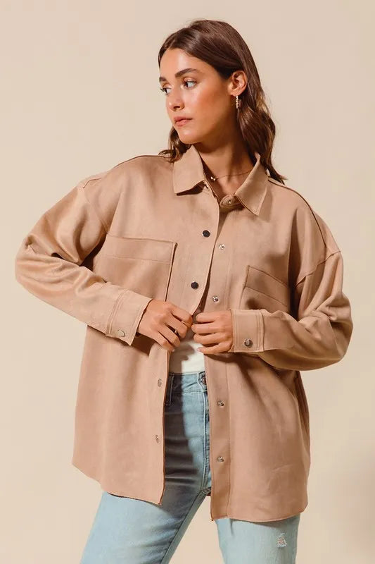 Faux Sued Snap Shacket with Collar and Pockets