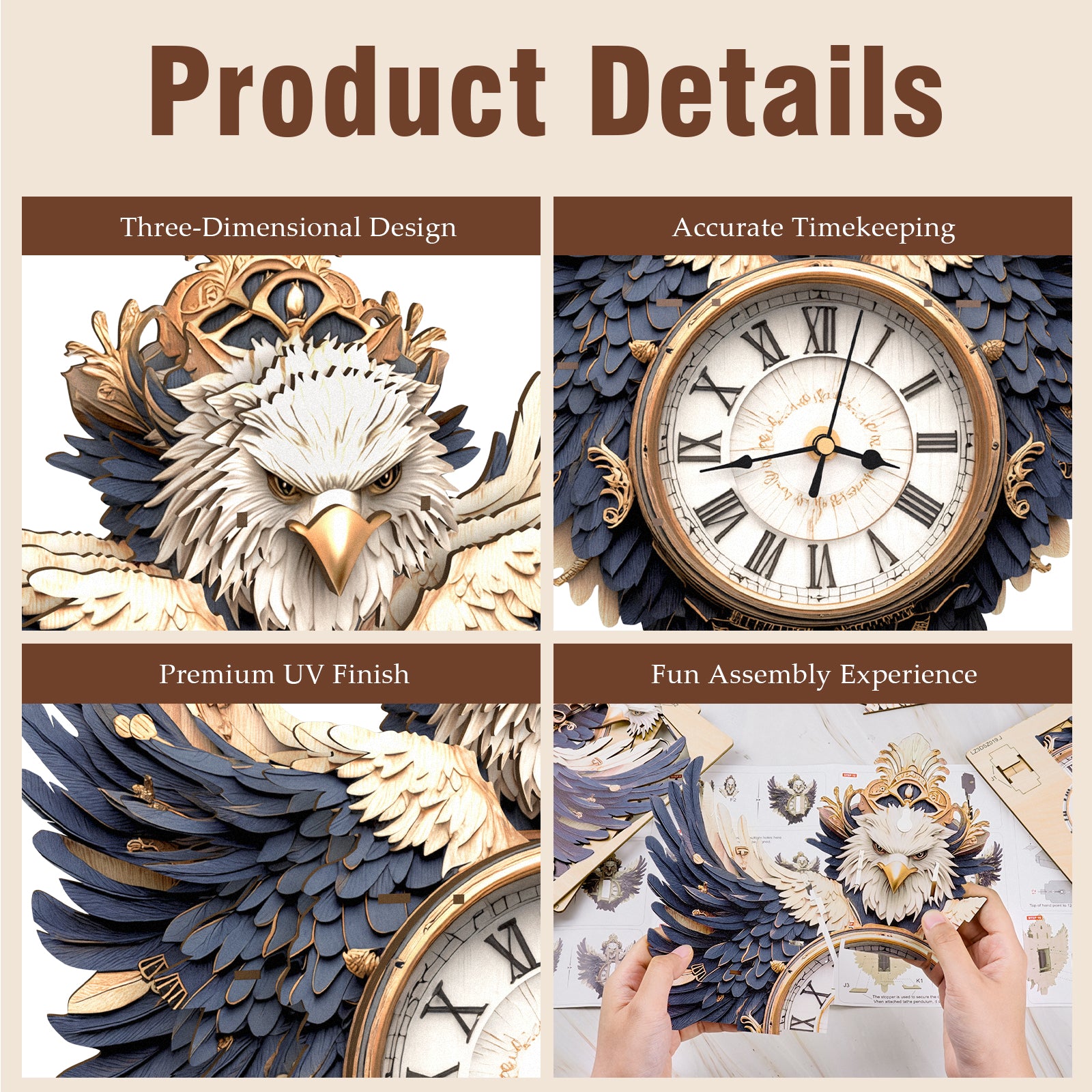 Eagle– DIY Wooden Clock, 3D Puzzle Craft Kit