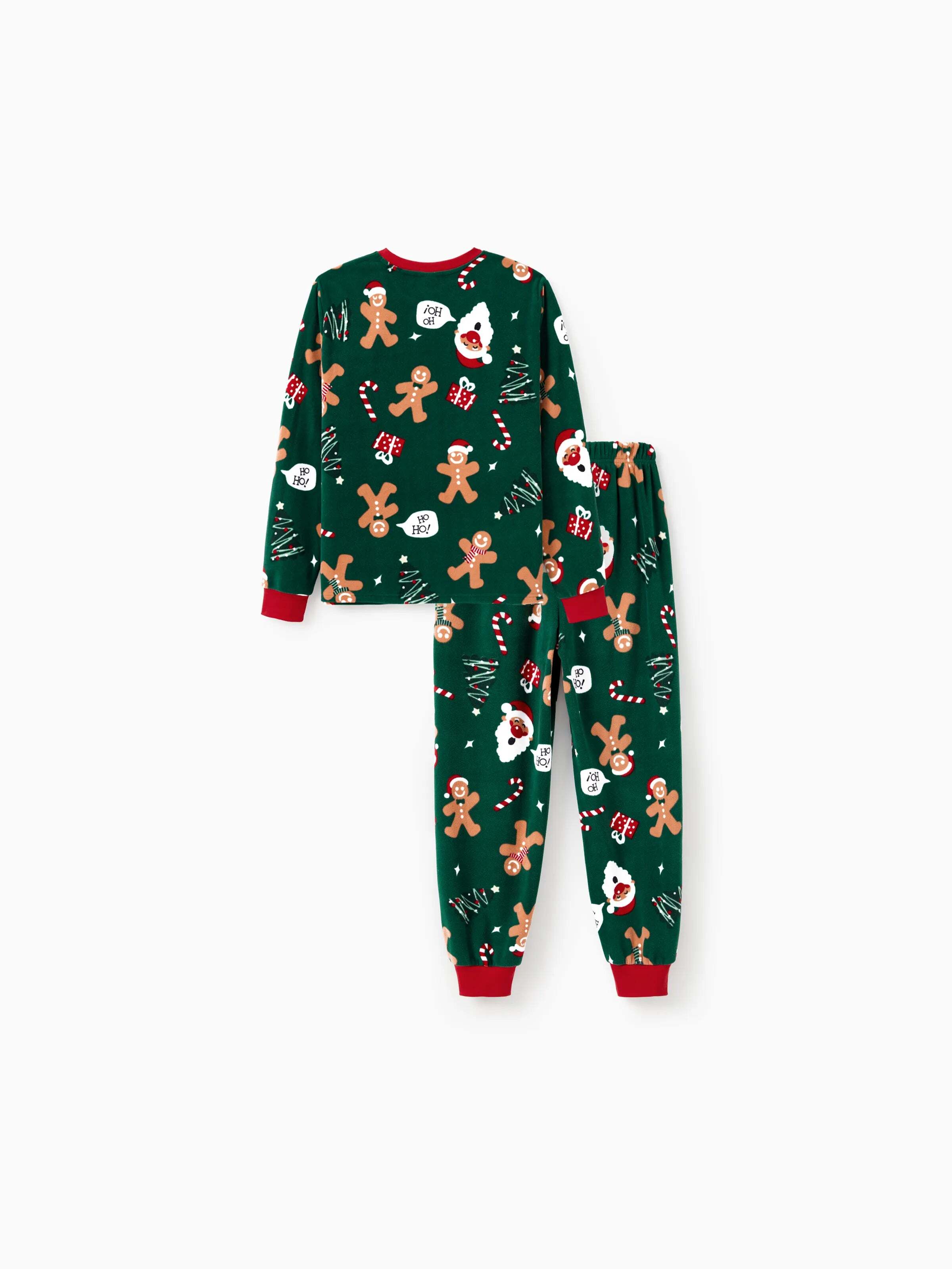 Christmas Pajamas Family Matching Fleece Gingerbread Man Long Sleeves Pajamas Sets with Christmas Socks Dark Green