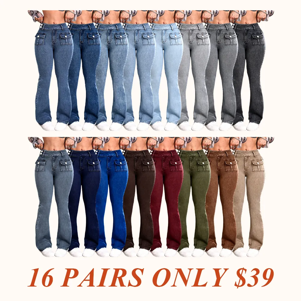 Women's Pocket Leg Stretchy Jeans, Flared High Waist Casual Comfy Bell Bottom Denim Trousers for Daily Wear, Ladies Bottoms for All Seasons
