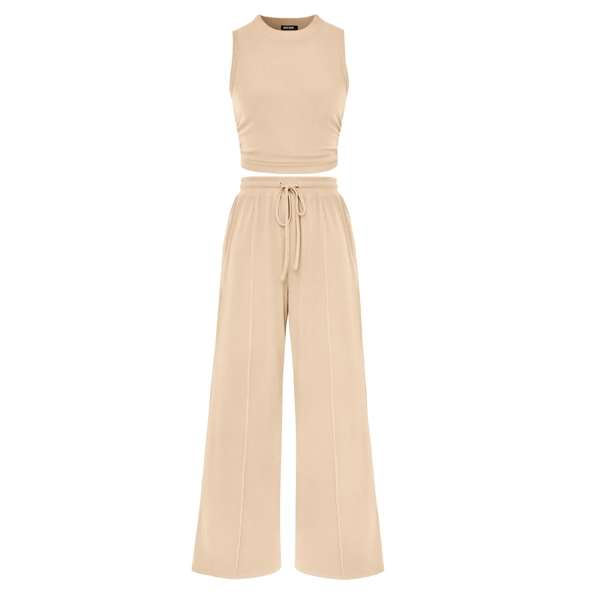 Women's Summer 2-Piece Outfits - Ribbed Knit Crew Neck Sleeveless Cropped Top & Wide Leg Pants Lounge Set