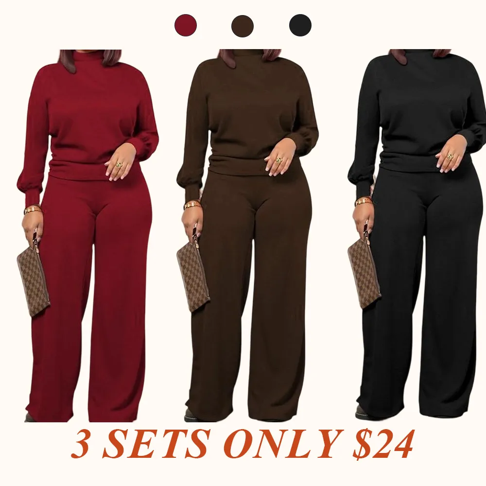 Women's Chic Fall Winter Silky Soft 2-Piece Set - Long Sleeve Semi High Neck Loose Top & Wide Leg Pants, Casual Cozy Outfit for Daily Wear