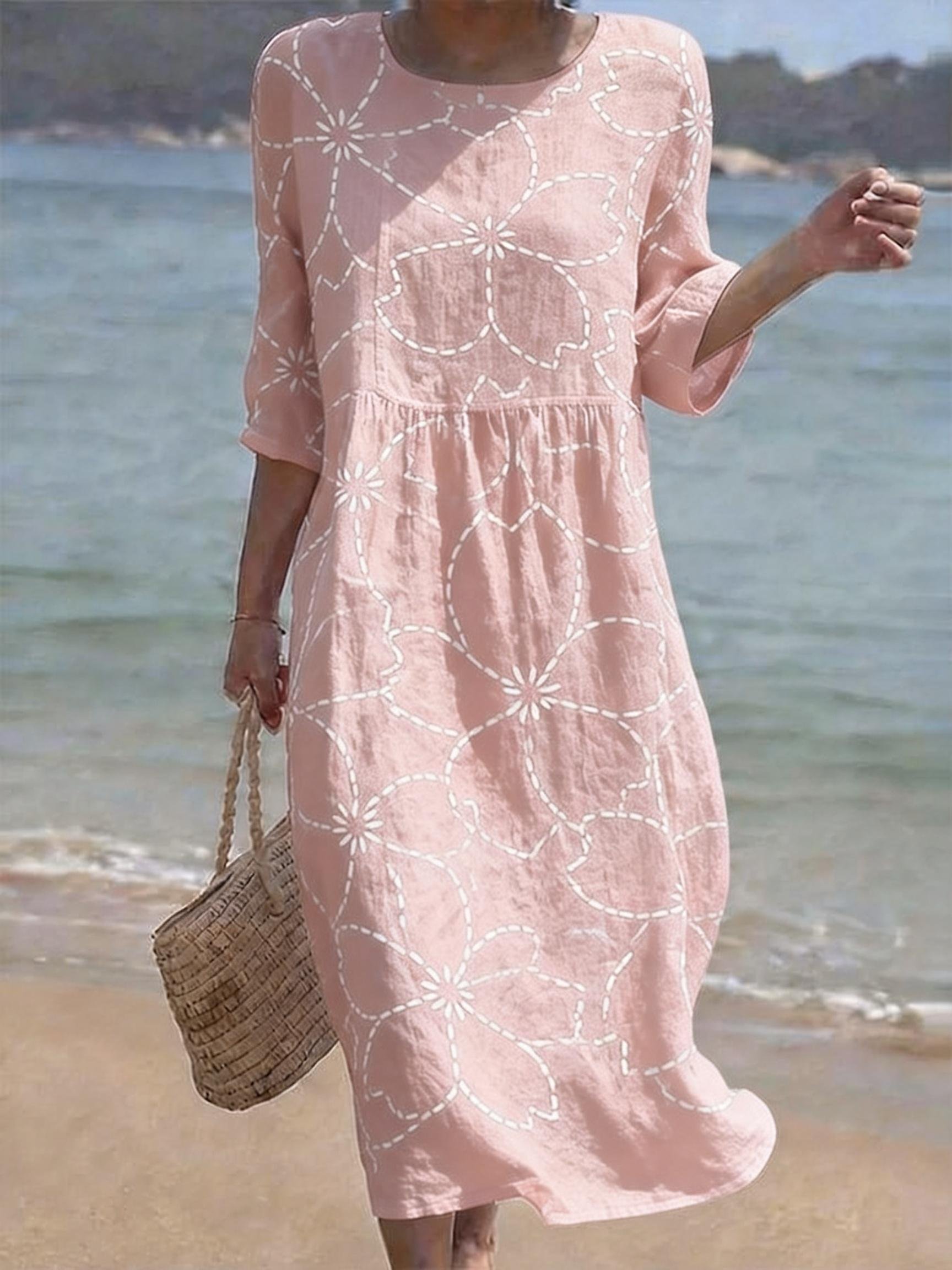 Women's Casual  Round Neck Mid Sleeve Print Cotton and Linen Dress- Fast Shipping