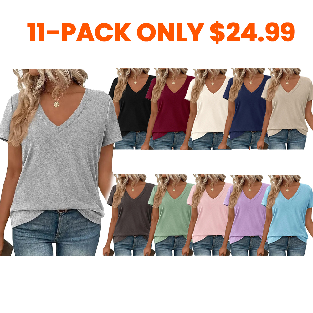 🔥11-Pack $24.99-Women’s Summer Casual V Neck Sleeve Loose Basic Tees