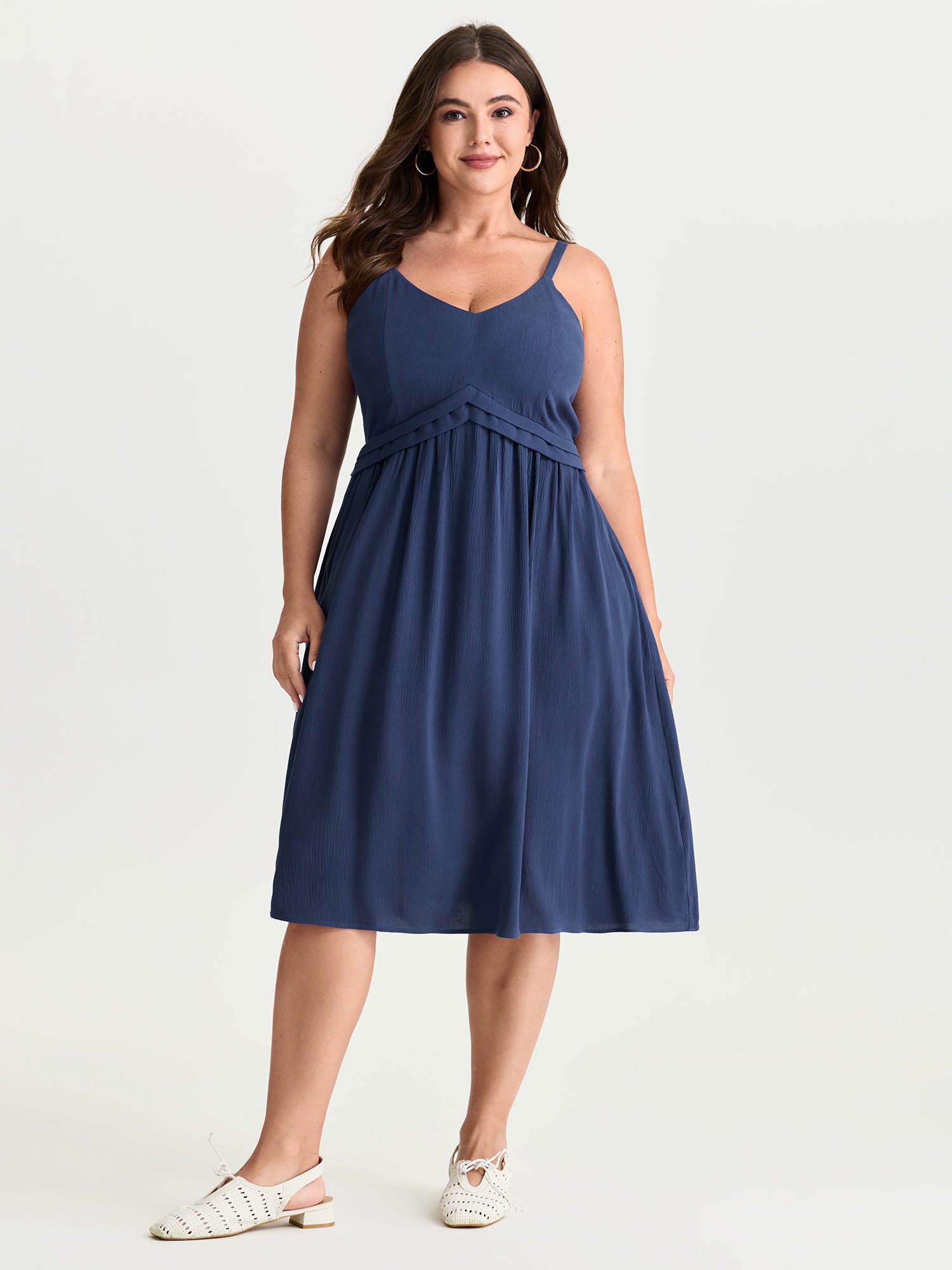 Stretchy Pleated Waist Flowy Fit Midi Dress