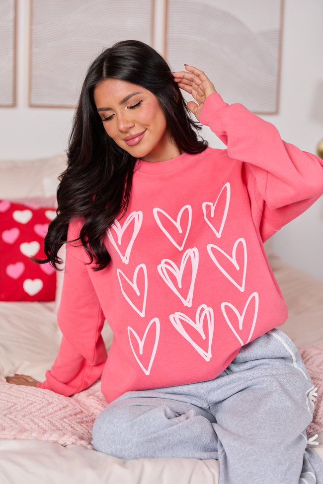 Sketched Hearts Light Red Graphic Sweatshirt