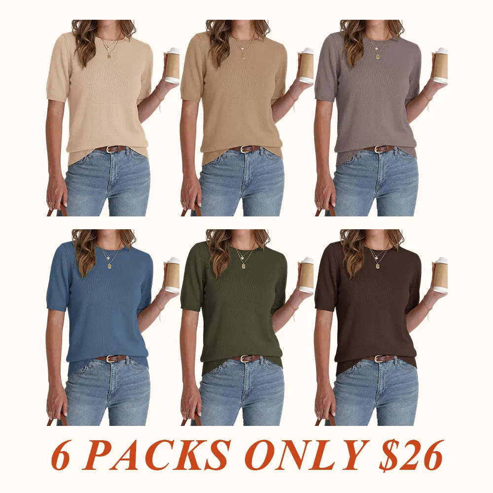 Women's Short Sleeve Sweater Spring Tops Crew Neck Lightweight Pullover Loose Dressy Casual Blouse 100% Viscose Basic Clothes