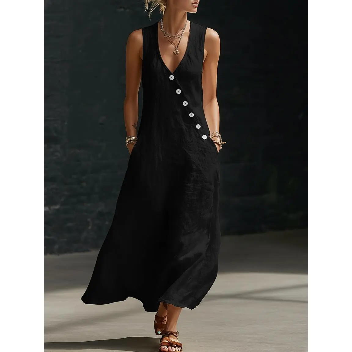 Perfect for Beach, Vacation & Brunch! Sleeveless V-Neck Button Detail Casual Dress with Pockets