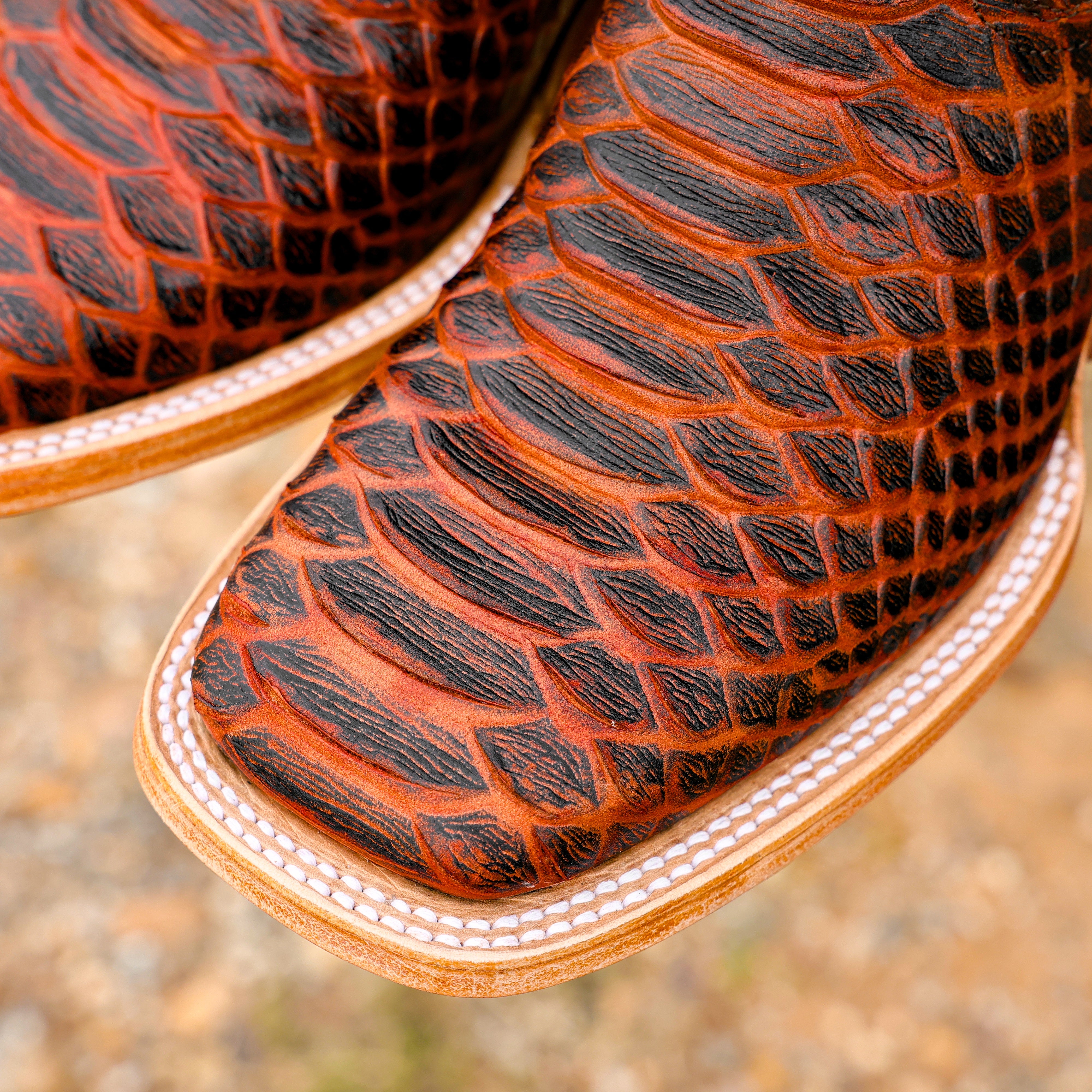 Rustic Cognac Anaconda Leather Boots - Square Toe