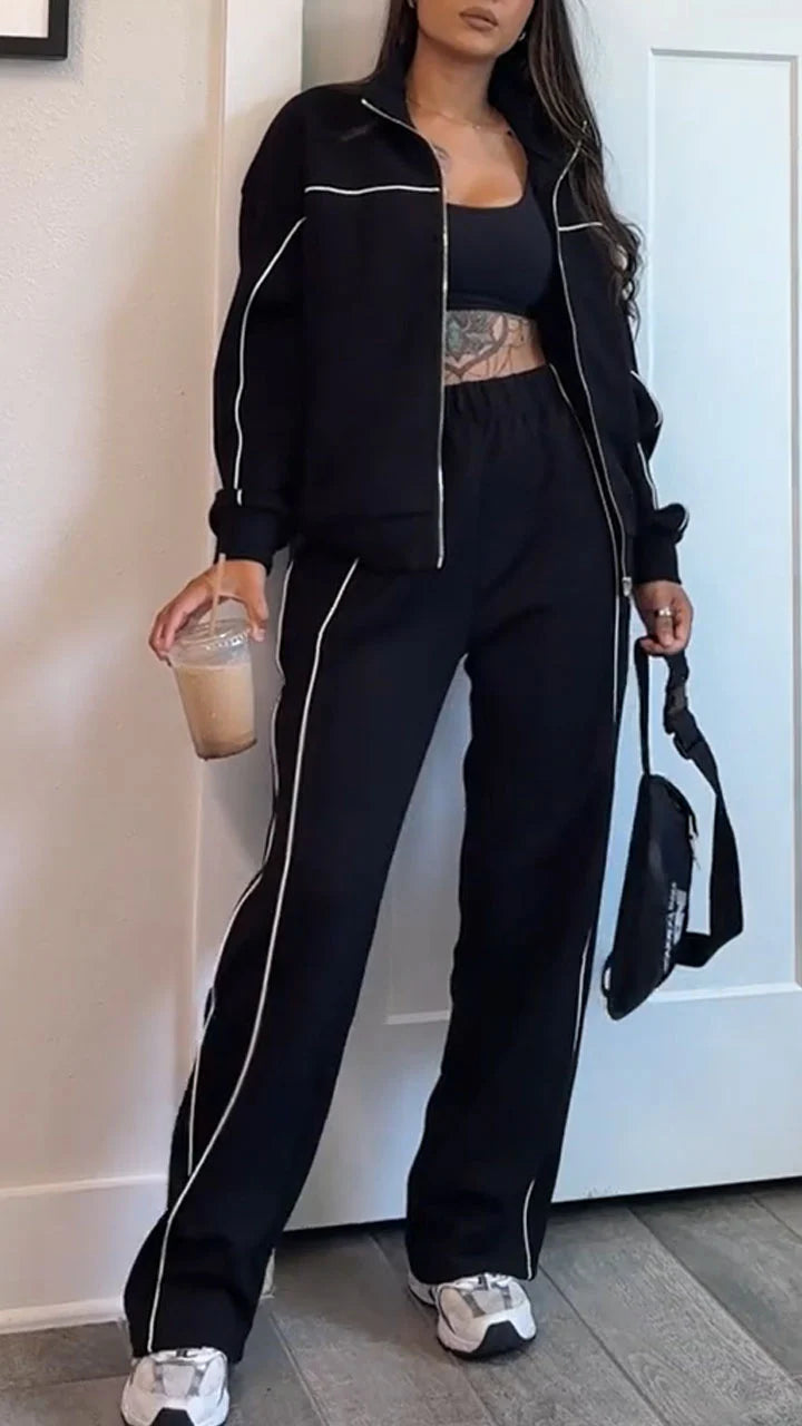 Women's Autumn Casual Side Stripe Sports Outdoor Jacket Coat Pants Set