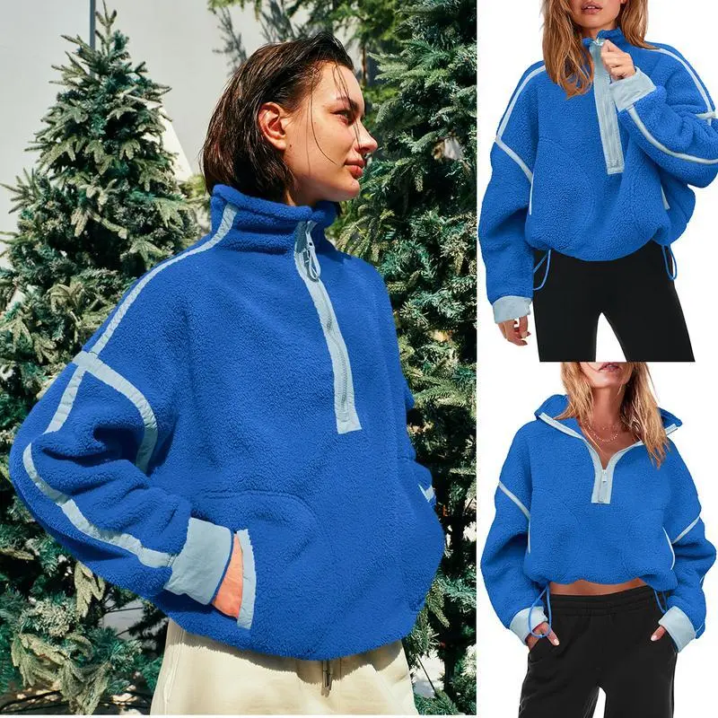 Women's Half Zip Sherpa Fleece Color Block Pullover Soft Oversized Sweatshirt