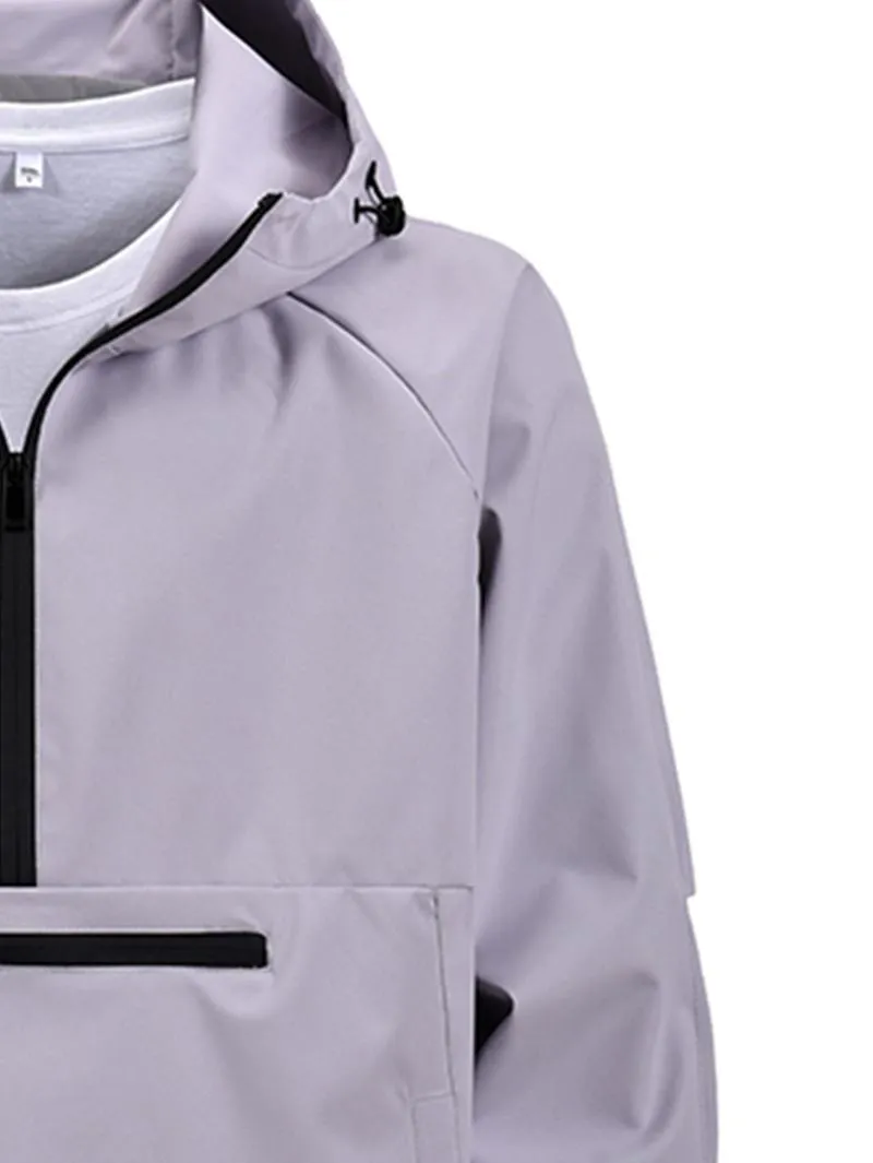 One black half-zip pullover with hoodie, outdoor camping style, large pockets, made of stain-resistant fabric