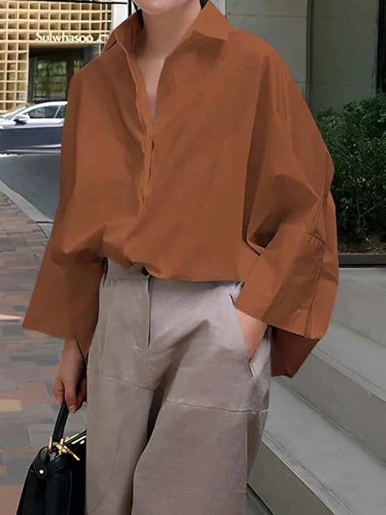 Womens Cotton Button Down Shirt Casual 3/4 Sleeve Loose Fit