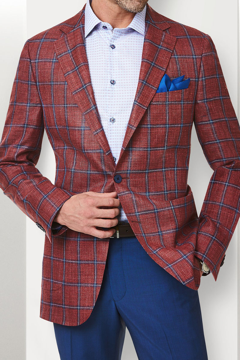 Men's Red And Blue Plaid Business Casual Suit Jacket