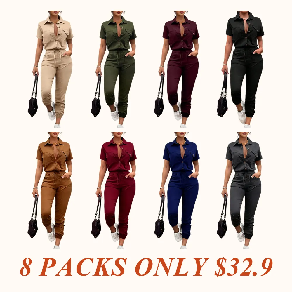 Women's Solid Button Front Pocket Jumpsuit, Casual Short Sleeve Jumpsuit for Daily Wear