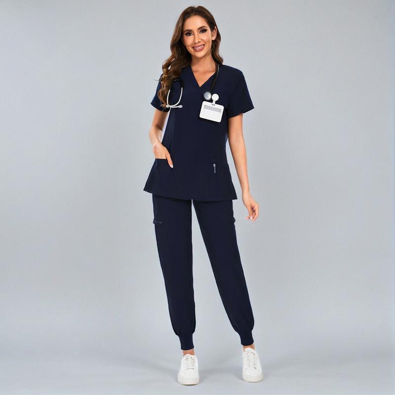 🔥Women’s Stretch V-Neck Scrub Set (Top + Jogger Pants) – 8 Pocket Utility Uniform