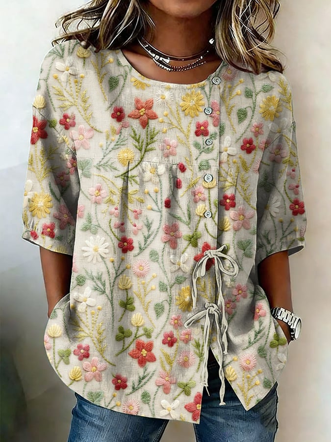 Women's Retro Floral Button Lace Up Tie Shirt- Fast Shipping