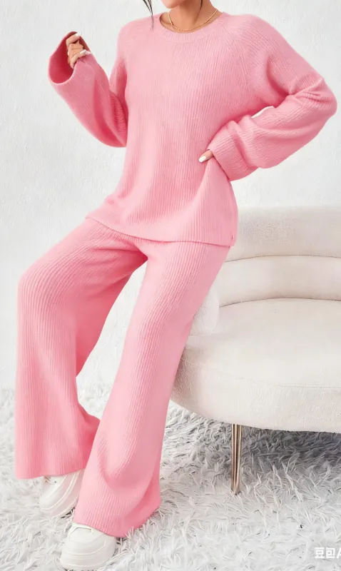 Women's Raglan Sleeve Split Long Sleeve Sweater & Elastic Waist Pants Set