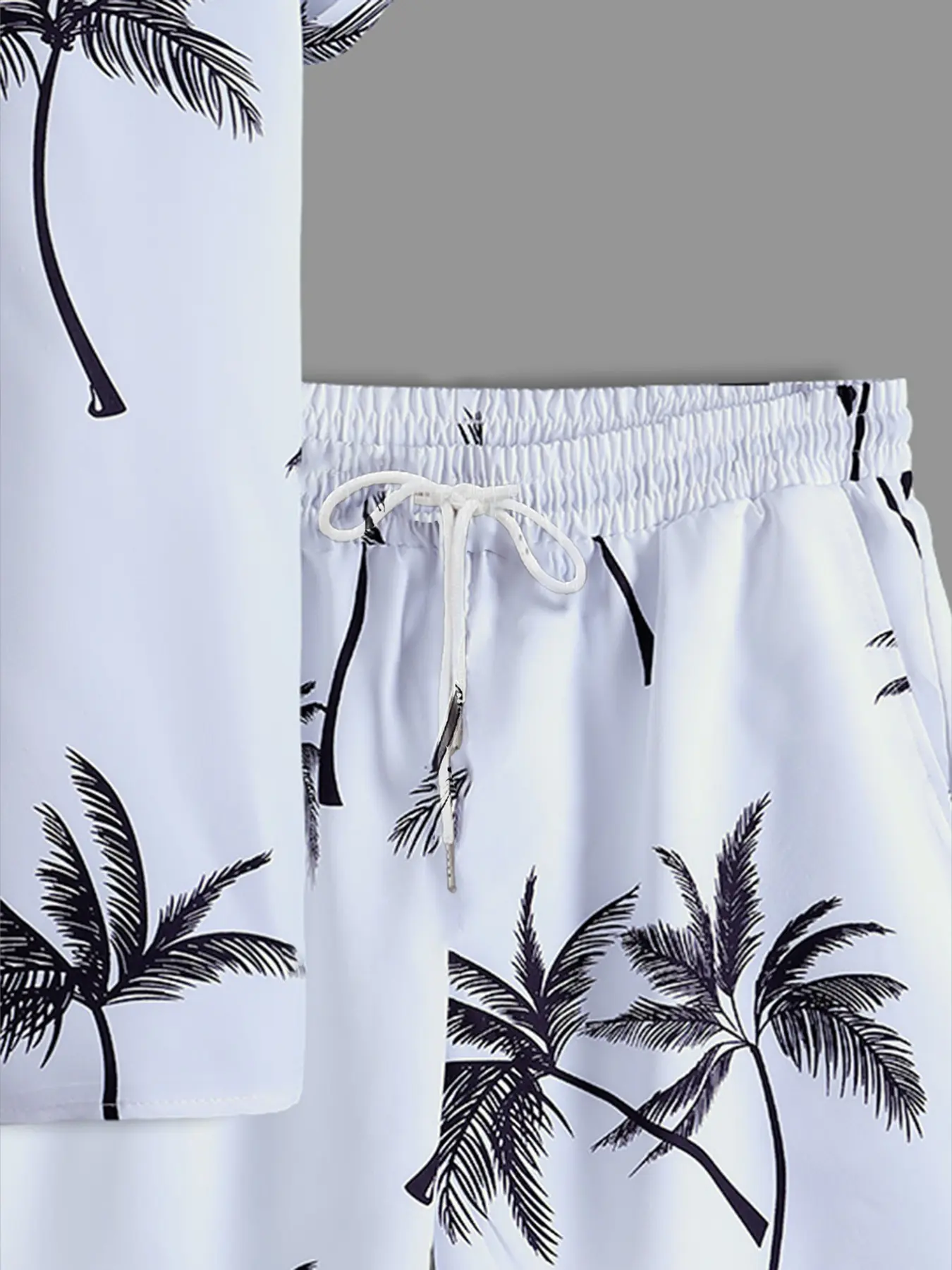 Tropical Palm Tree Print Loungewear Set, Shorts Pyjama Set - Short-Sleeve Button-Up Shirt (Rolled Cuffs) + Drawstring Shorts