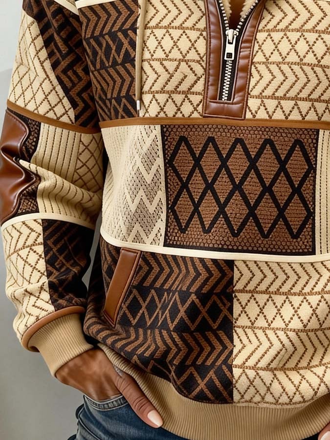 Women'S Casual Color-Block Printed Patchwork Pullover Sweatshirt