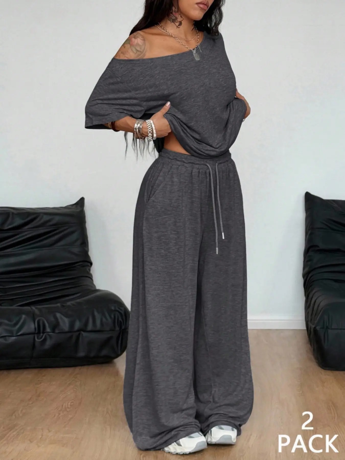 Women's Minimalist Basic Daily Wear Going Out Sport Comfortable Off Shoulder T-Shirt And Wide Leg Pants Two Pieces Outfits