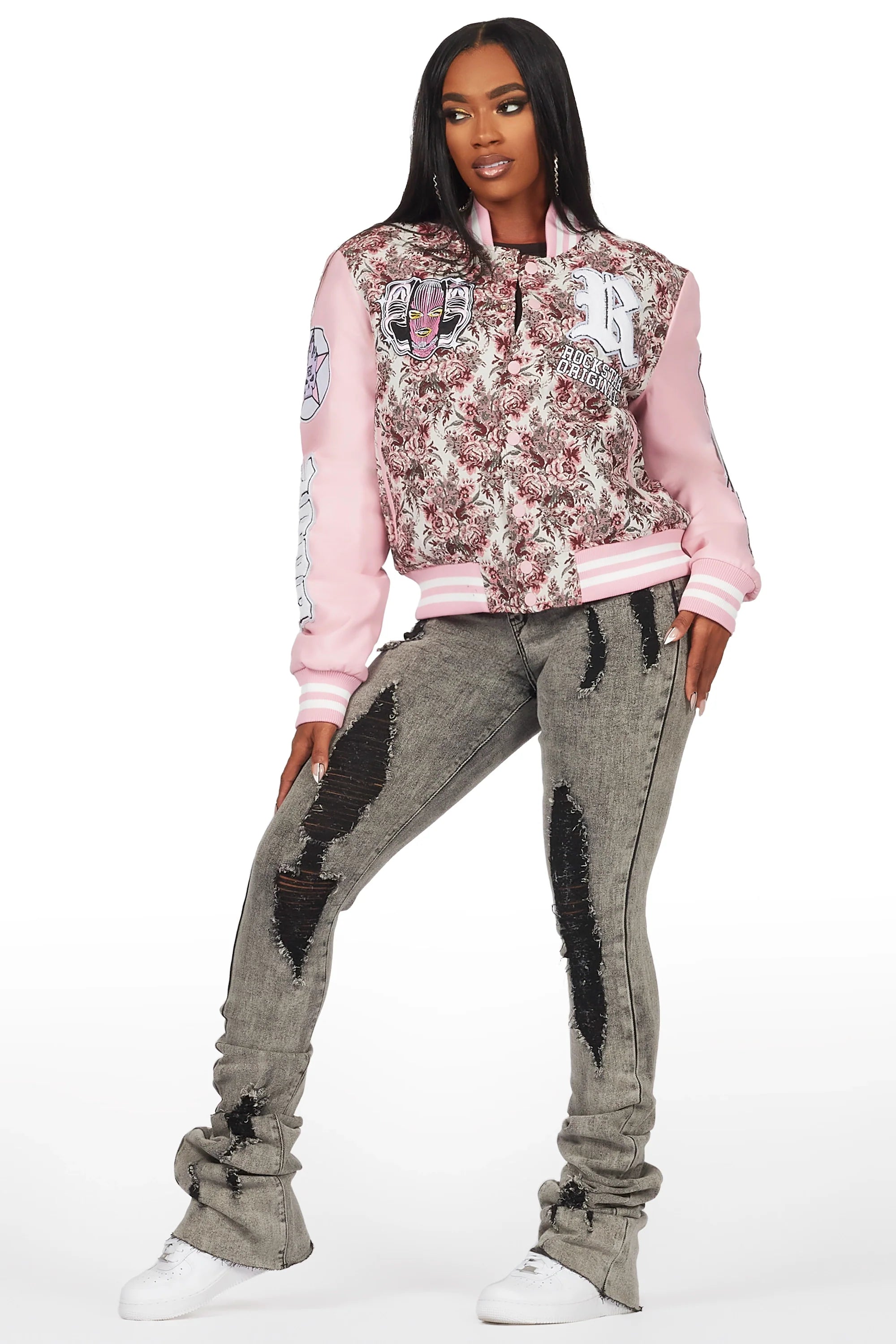 Lakiela Pink Oversized Tapestry Varsity Jacket
