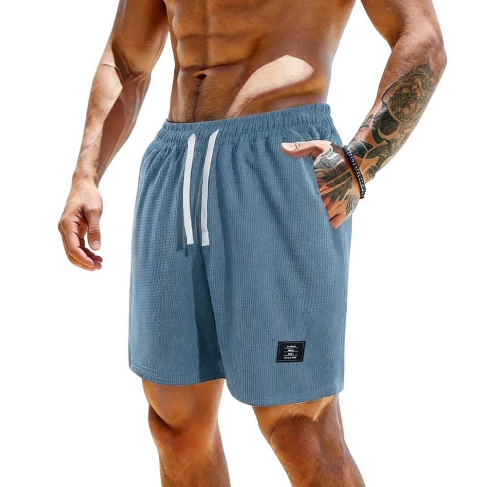 solid color, men’s casual shorts with side pockets and a drawstring elastic waistband