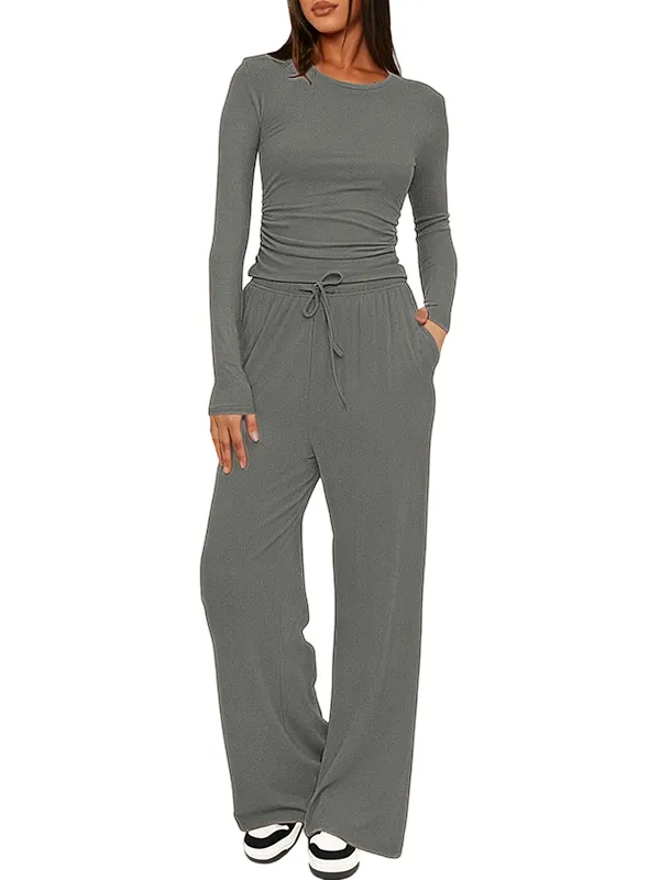 Women's Solid Ruched Drawstring Loungewear Set