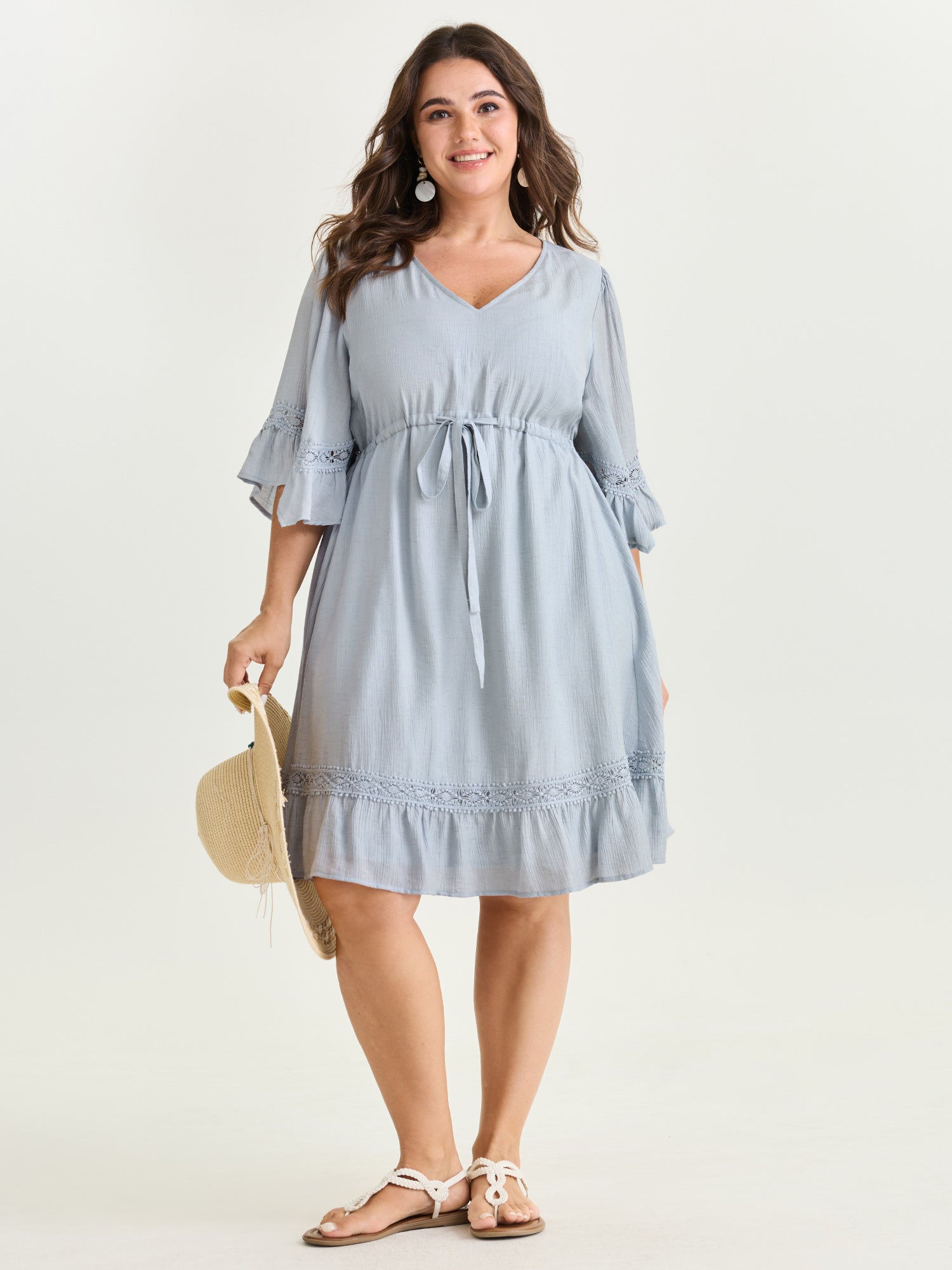 Lace Trim Adjustable Drawstring Waist Mini Dress