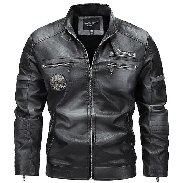 Men's Wine Red PU Leather Motorcycle Jacket - Quilted Details, Multiple Zippers
