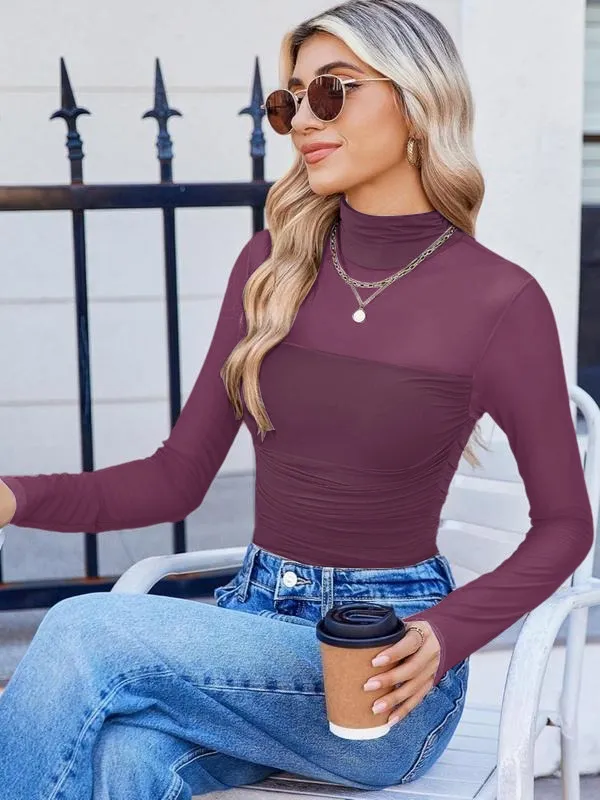 Women's Plain Round Neck Sheer Mesh Patchwork Long Sleeve Sexy Top