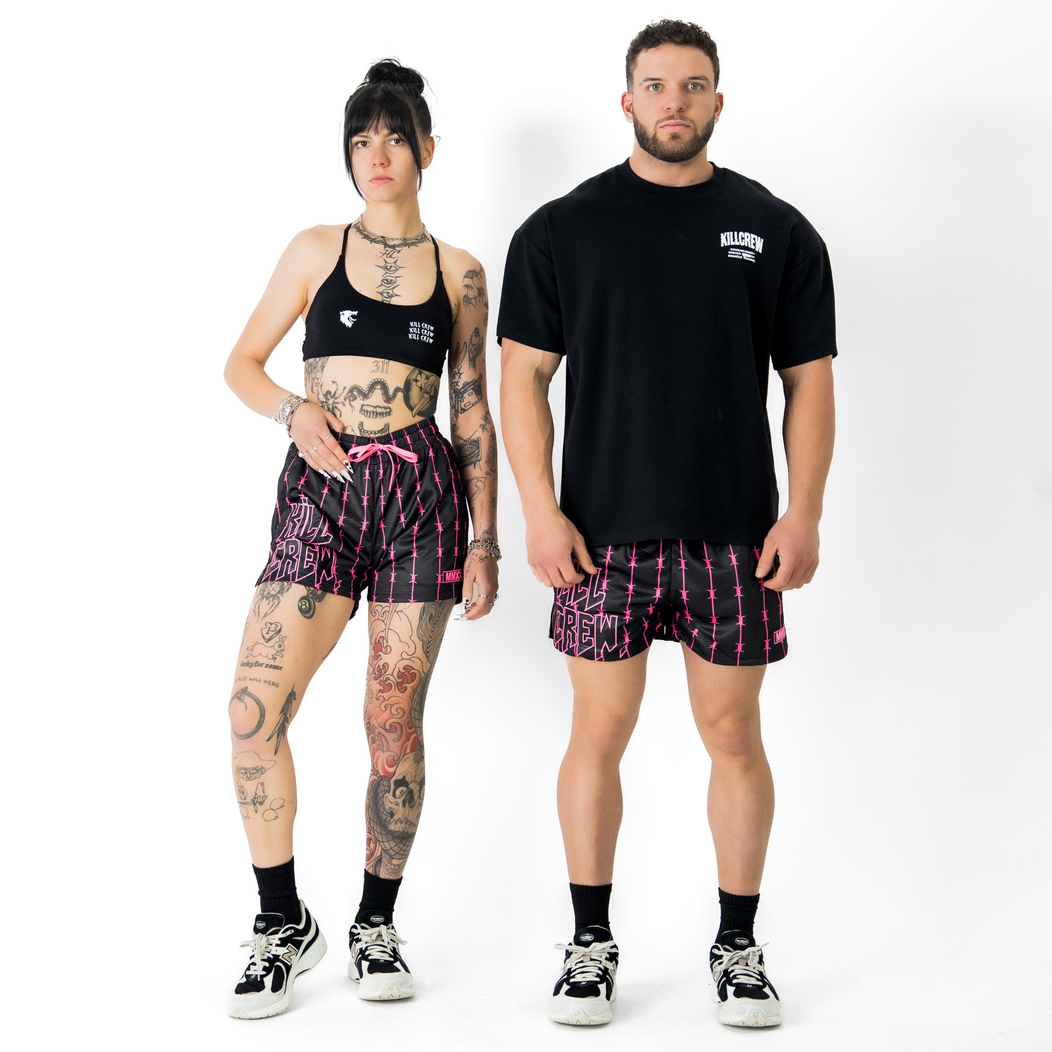 BARBWIRE MUAY THAI SHORTS (MID THIGH CUT) - BLACK / PINK