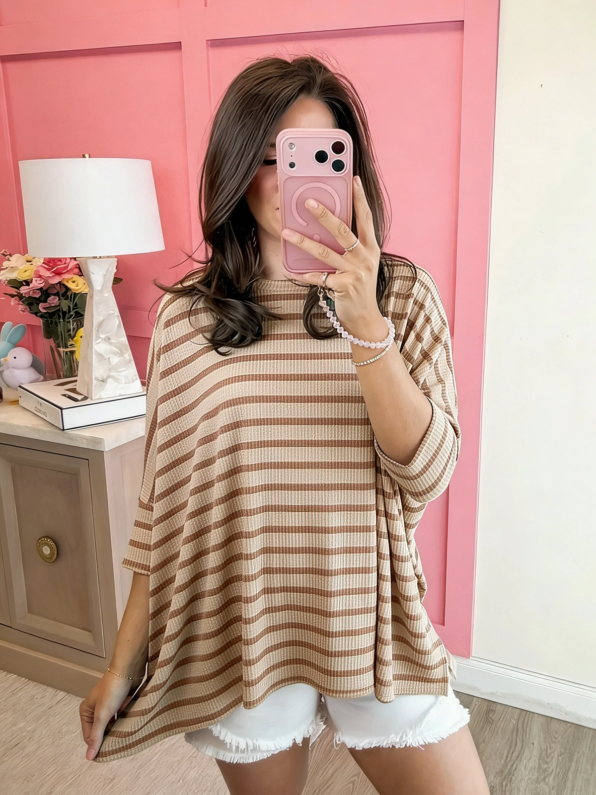 Spring Striped Raised Rib Easy Fit 3/4 Sleeve Top