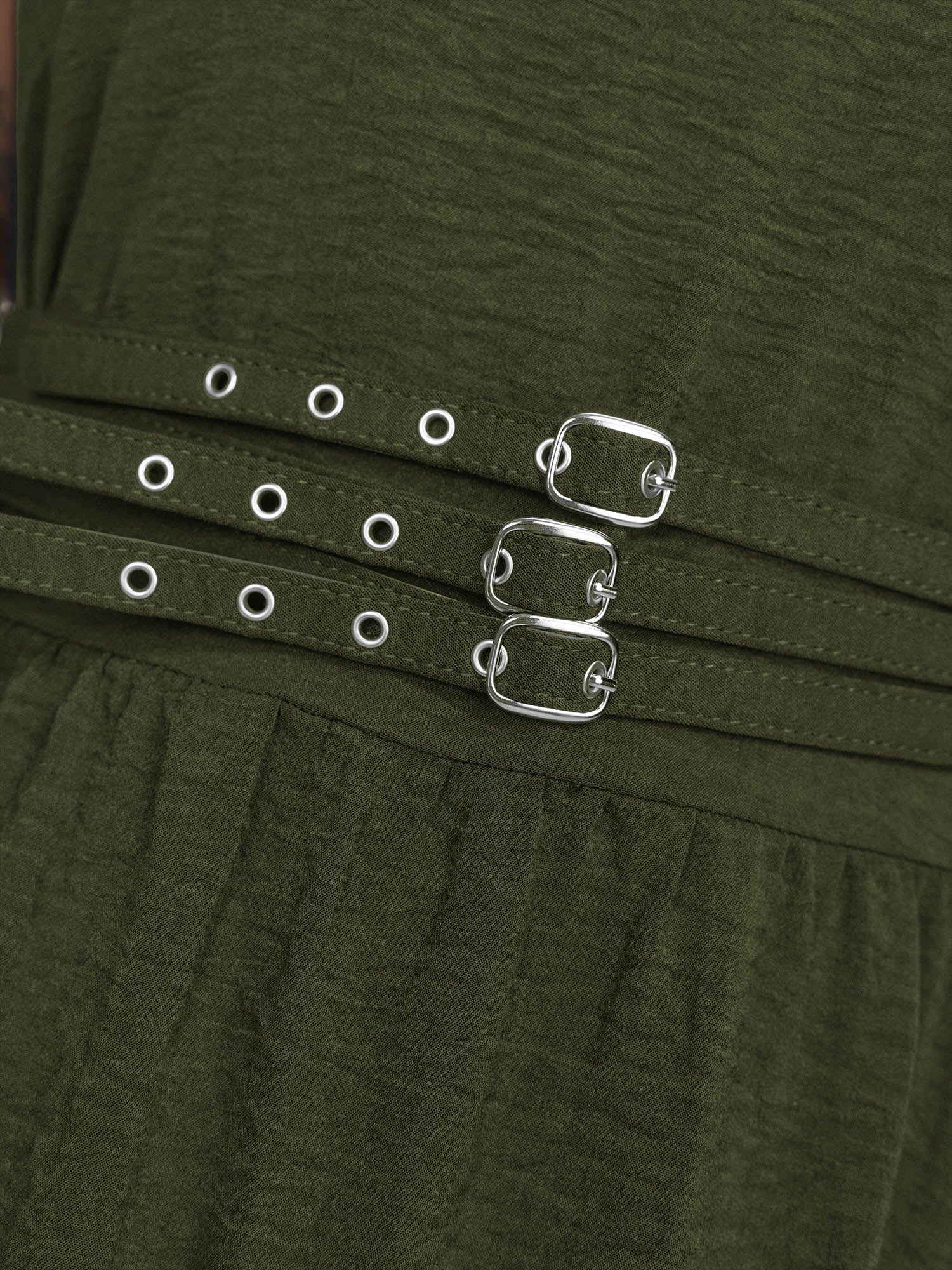 Wide Straps Belted Buckle Detail Midi Dress