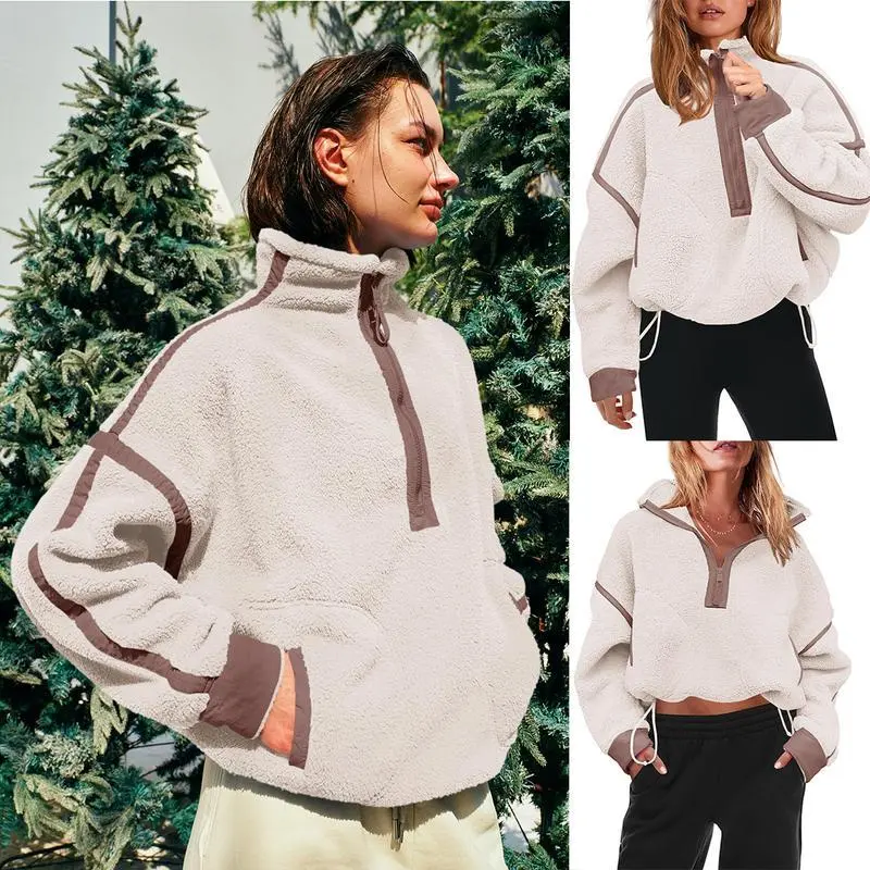 Women's Half Zip Sherpa Fleece Color Block Pullover Soft Oversized Sweatshirt