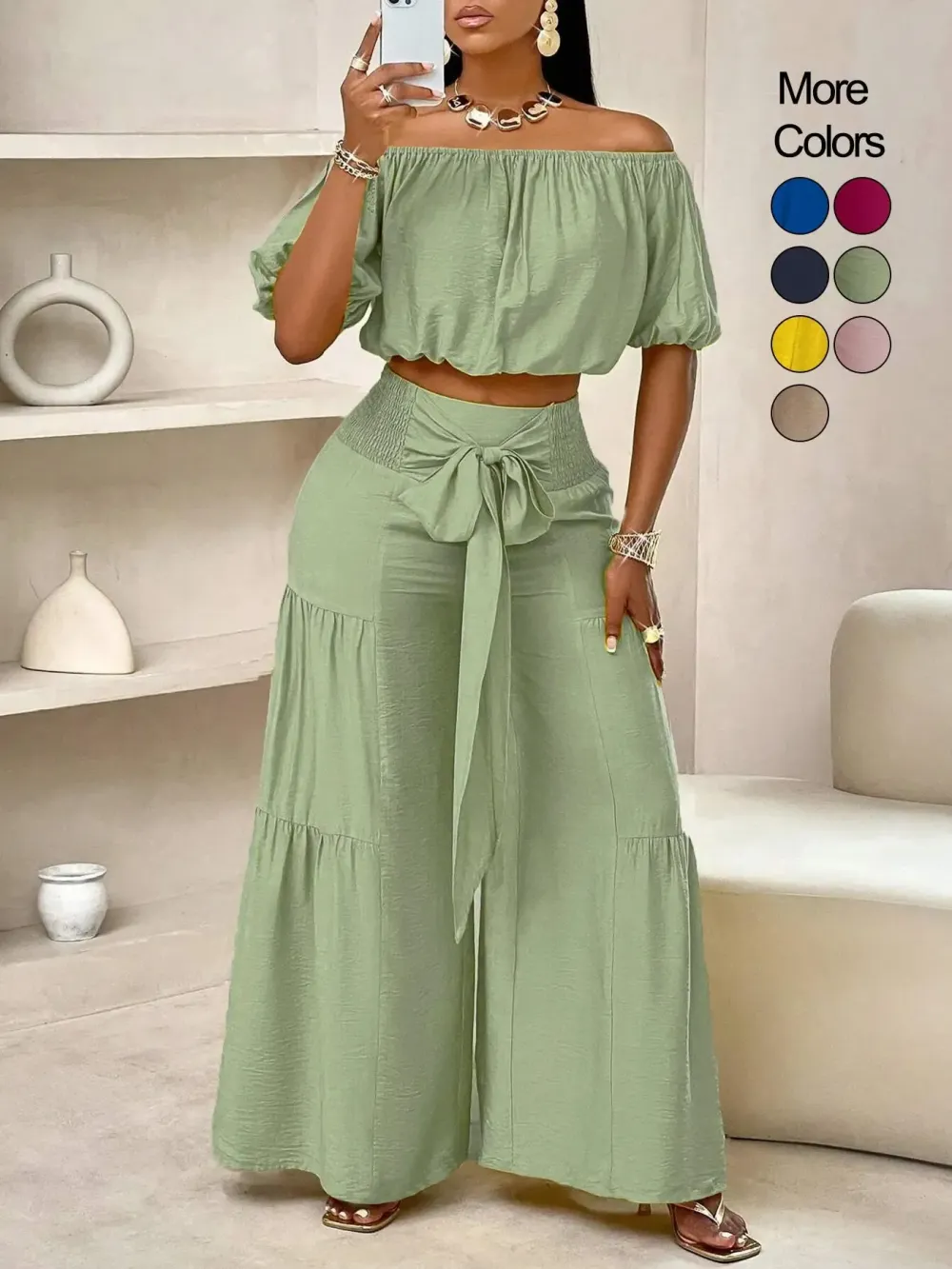 Women's Solid Color Top & Wide Leg Pants Set, Casual Off Shoulder Top & Palazzo Pants for Summer
