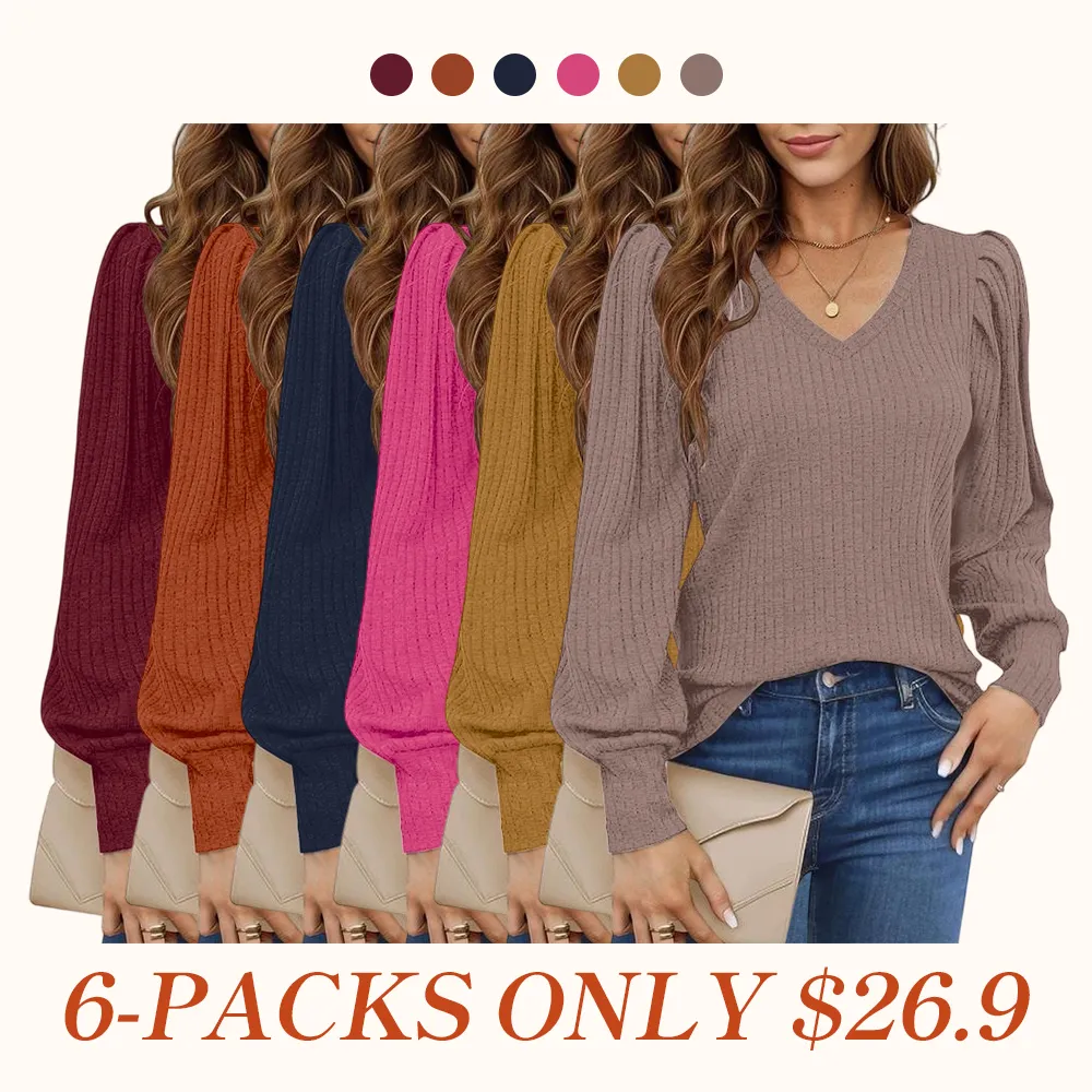 Women's Knit Shirt Soft Puff Long Sleeve Blouse Tops