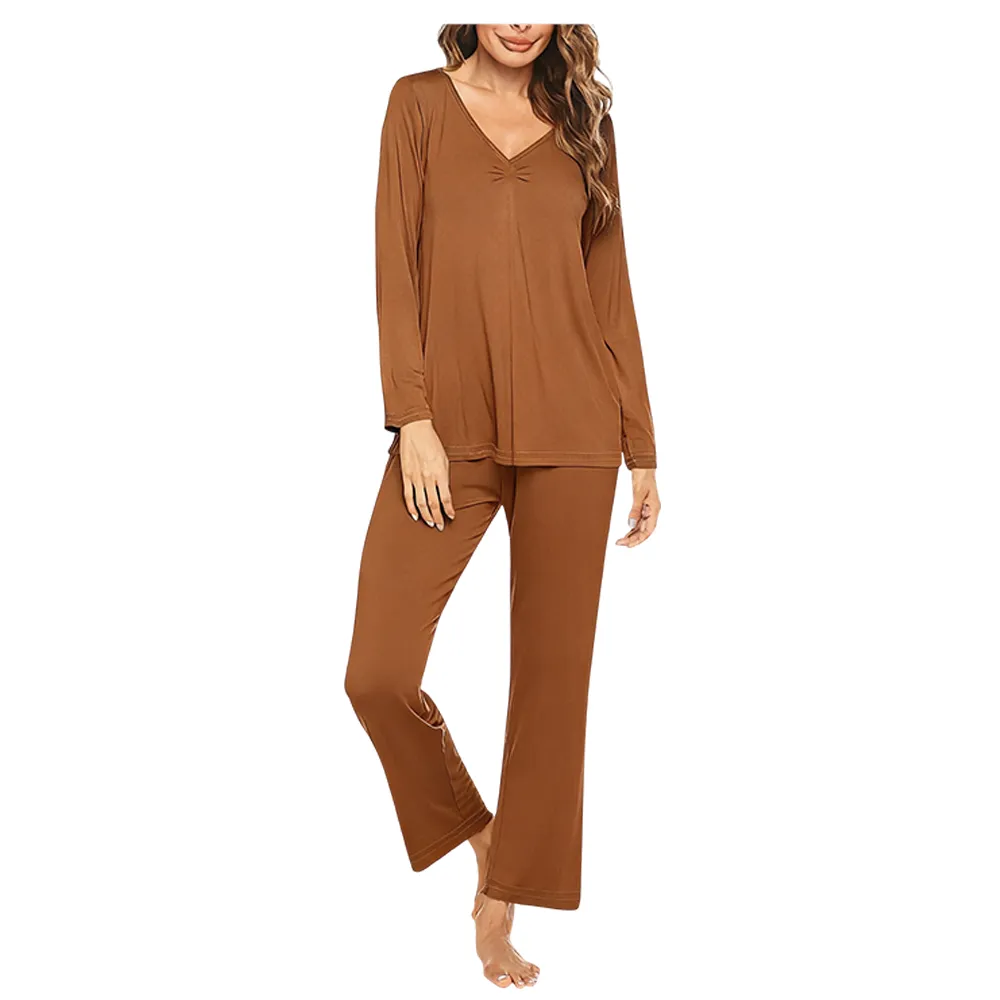 Women's V-neck long-sleeved top + trousers casual two-piece set