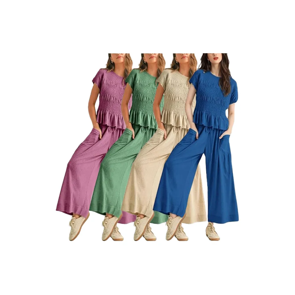 Womens 2 Piece Smocked Top Wide-Leg Pants Set