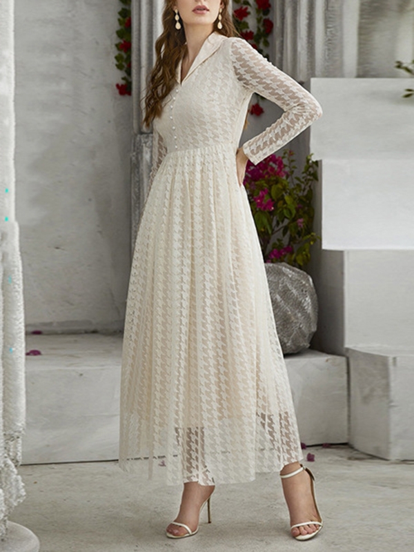 Buttoned Gauze See-Through Solid Color High Waisted Long Sleeves V-Neck Maxi Dresses