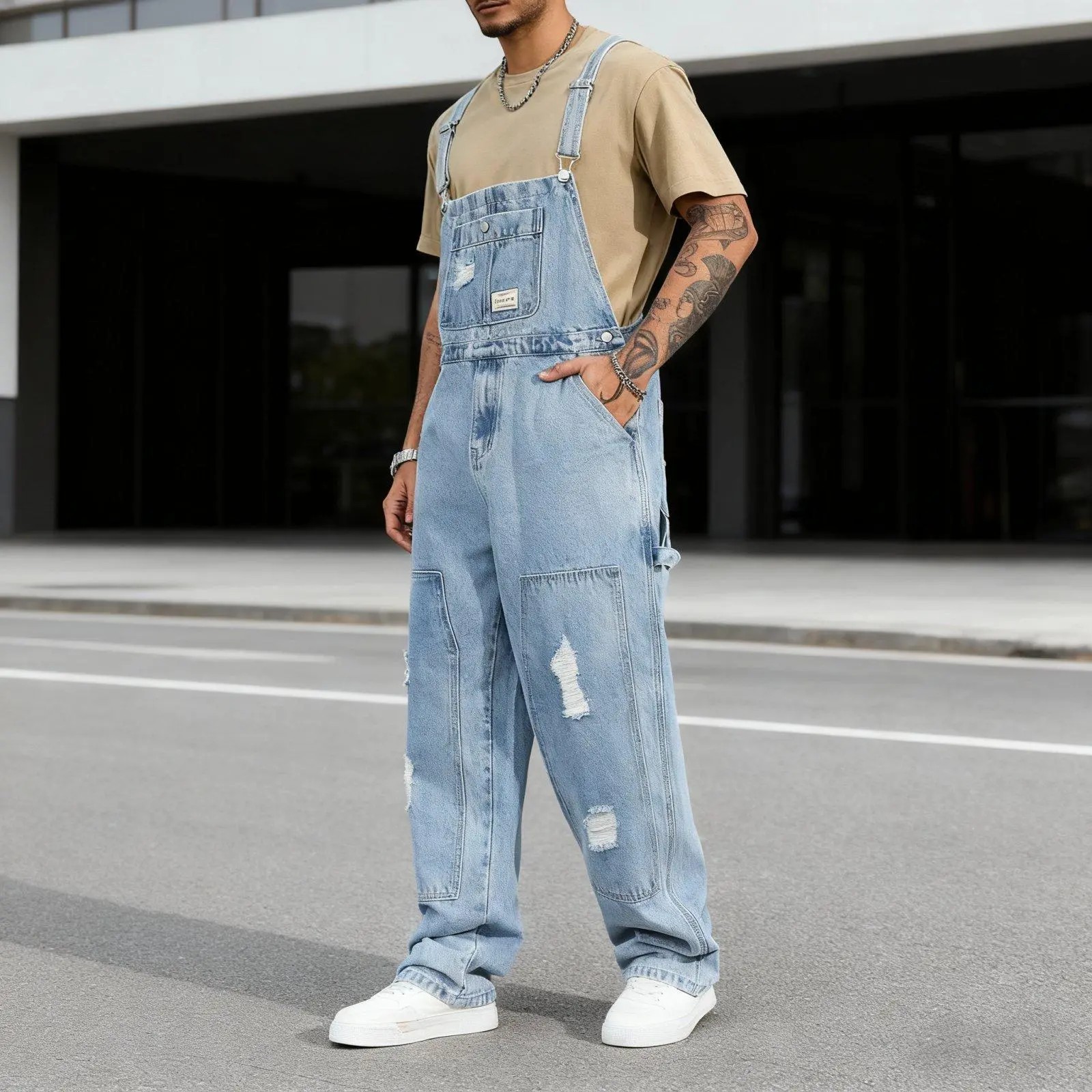 Spring Men's Letter Print Distressed Casual Versatile Denim Bib Overalls Hang