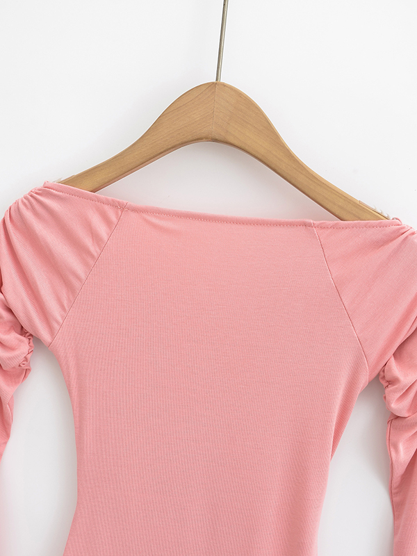 Pleated Solid Color Flared Sleeves Long Sleeves Boat Neck T-Shirts Tops