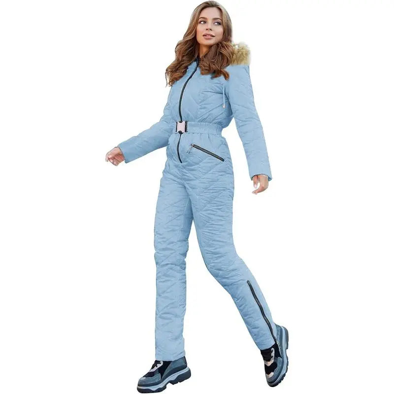 Women's Winter Ski Suit One-Piece Hooded Fur Collar Jumpsuit