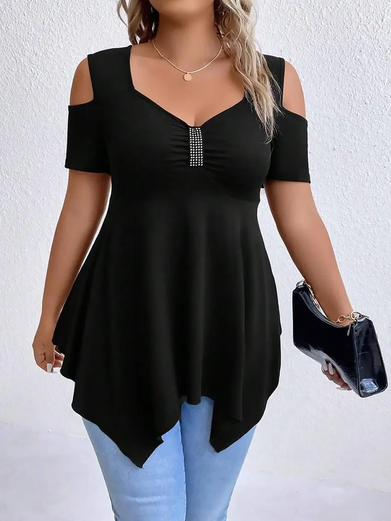 [Plus Size] Cold Shoulder Tee, Casual Asymmetrical Hem Short Sleeve T-shirt for Summer, Women's Plus Clothing for Daily Wear