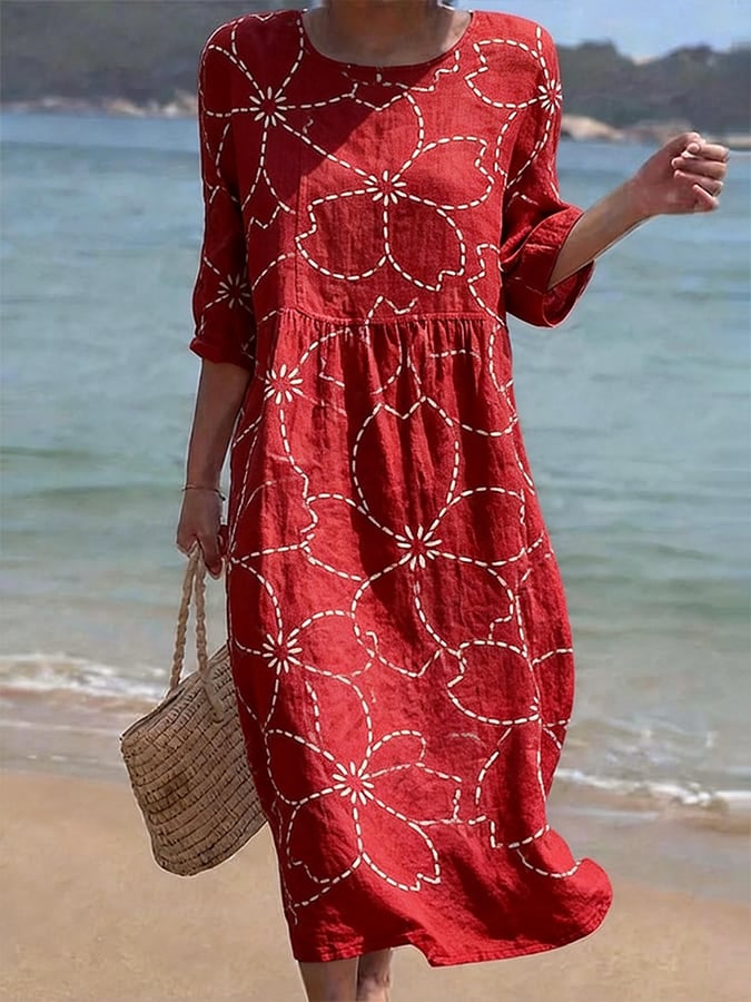 Women's Casual  Round Neck Mid Sleeve Print Cotton and Linen Dress- Fast Shipping