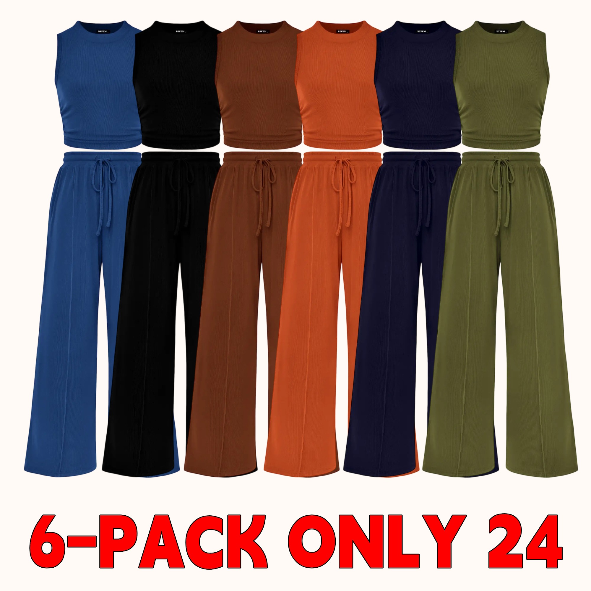 Women's Summer Two-Piece Set — Ribbed Knit Crew Neck Sleeveless Cropped Top