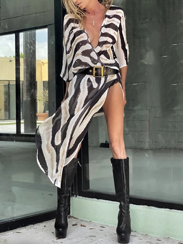 Sexy Zebra Pattern  Half Sleeve Wide Belt Cover-Ups Tops